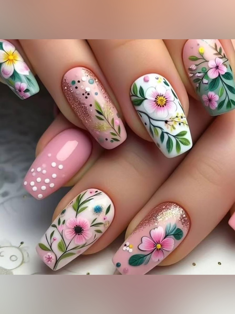 Floral Pink & White Hand-Painted Nail Set